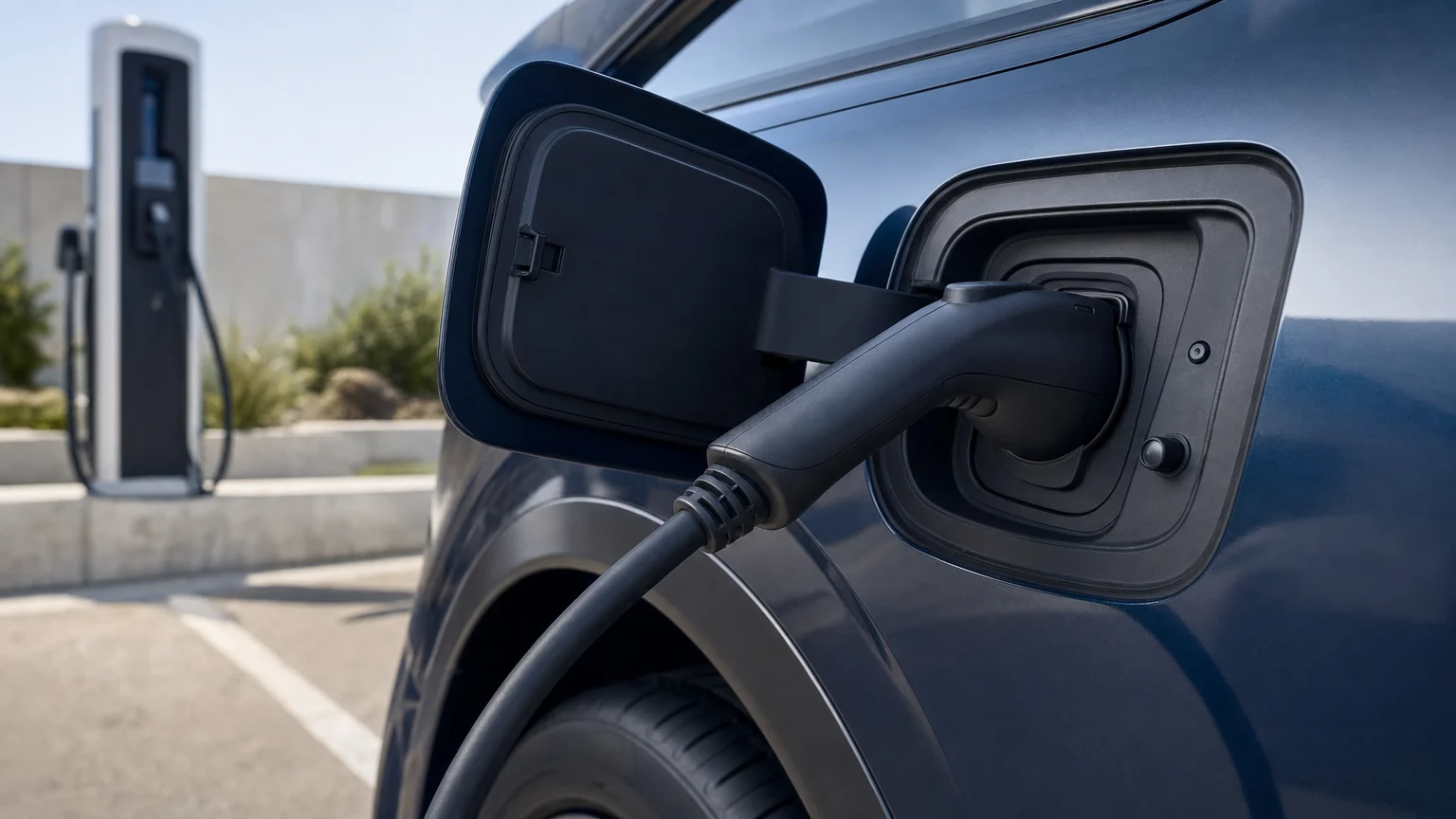 Close-up of an electric vehicle charging connector seated in a charging port.