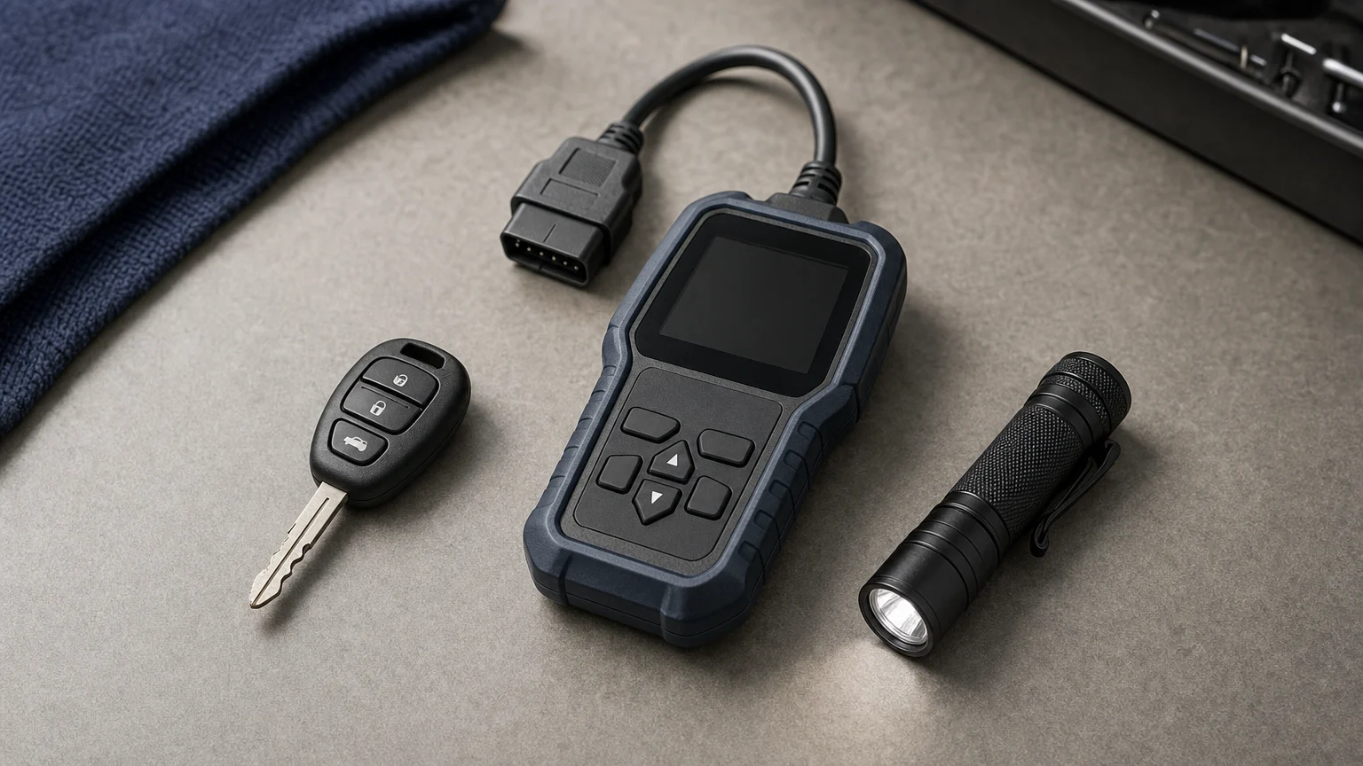 Unbranded car key beside a diagnostic scanner and inspection flashlight.