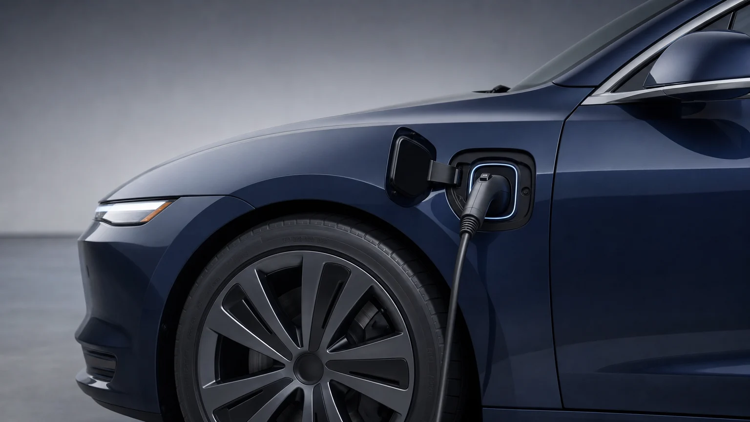 Close-up of a generic electric sedan charging port and front body panel