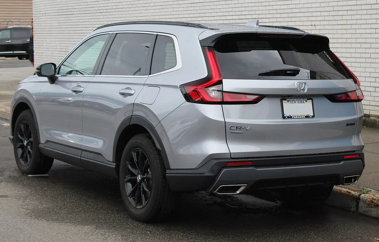 Rear and side of a silver Honda CR-V Sport Hybrid